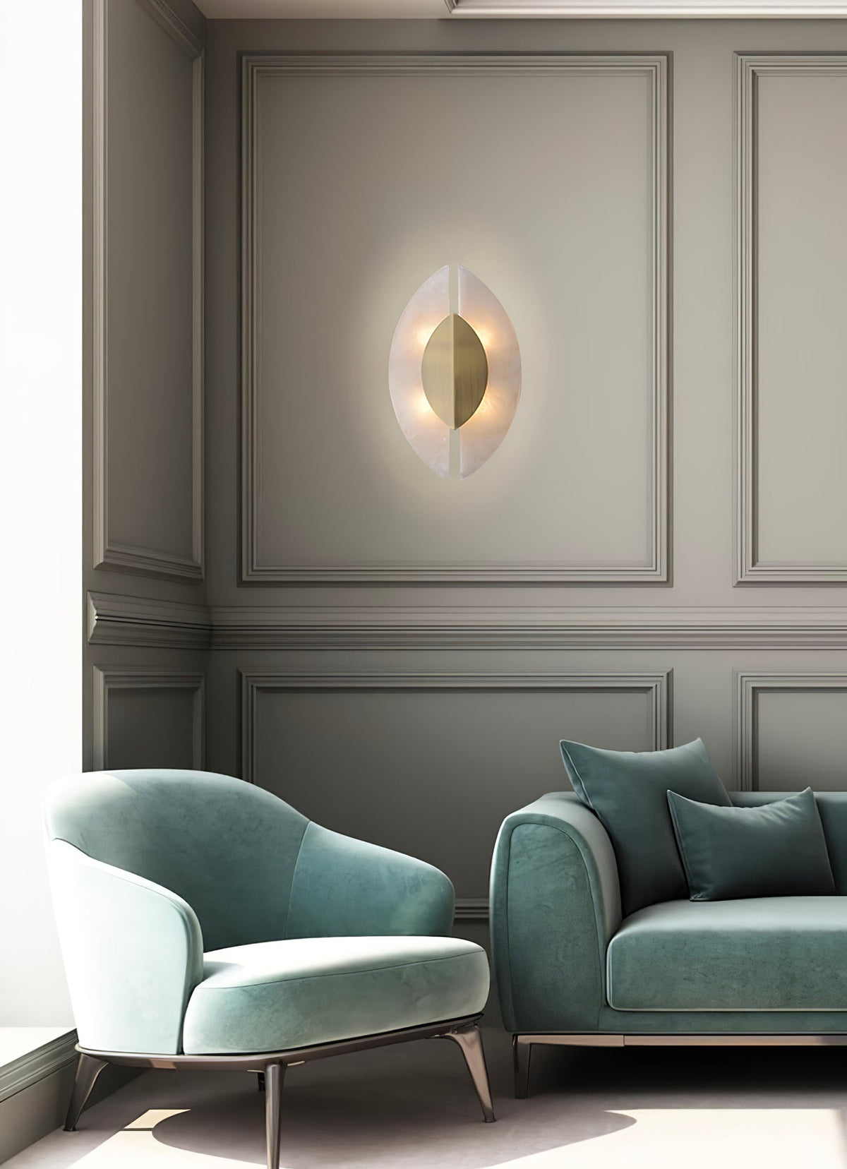 Solari Alabaster Leaf Wall Sconce in Brass and White Alabaster