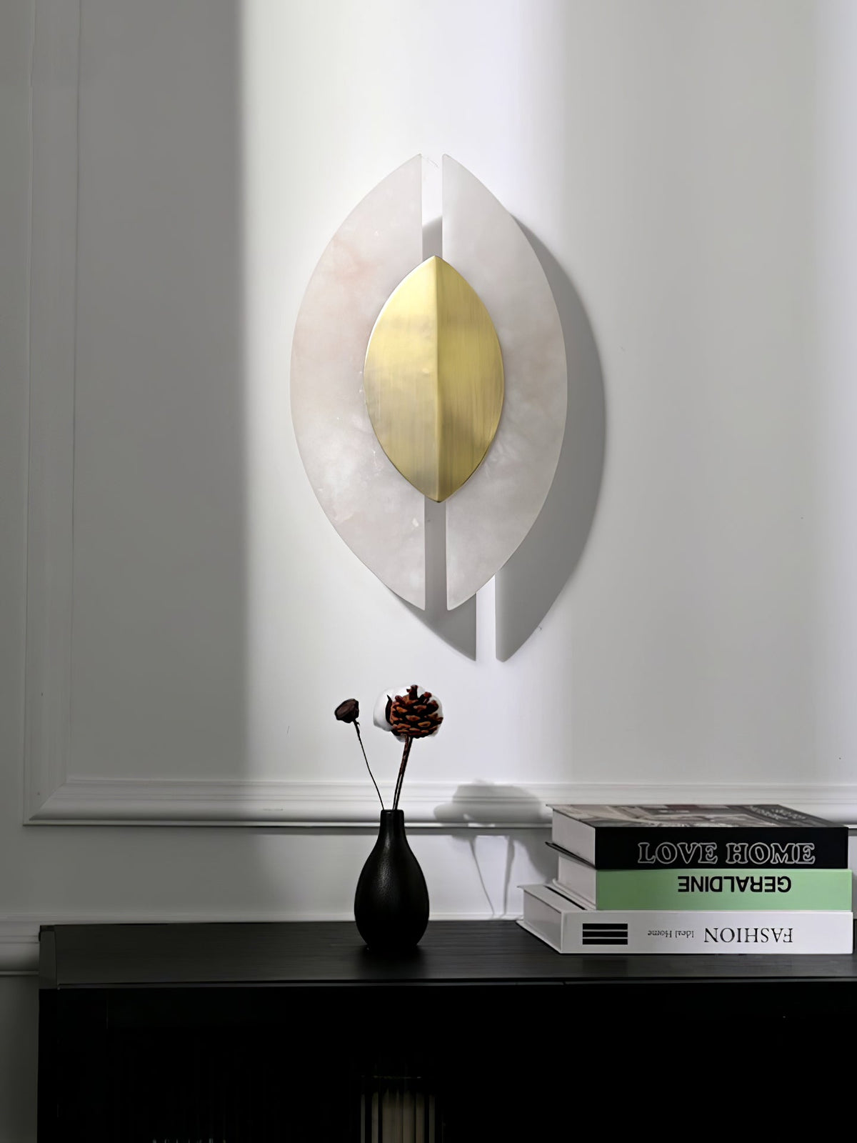 Solari Alabaster Leaf Wall Sconce in Brass and White Alabaster