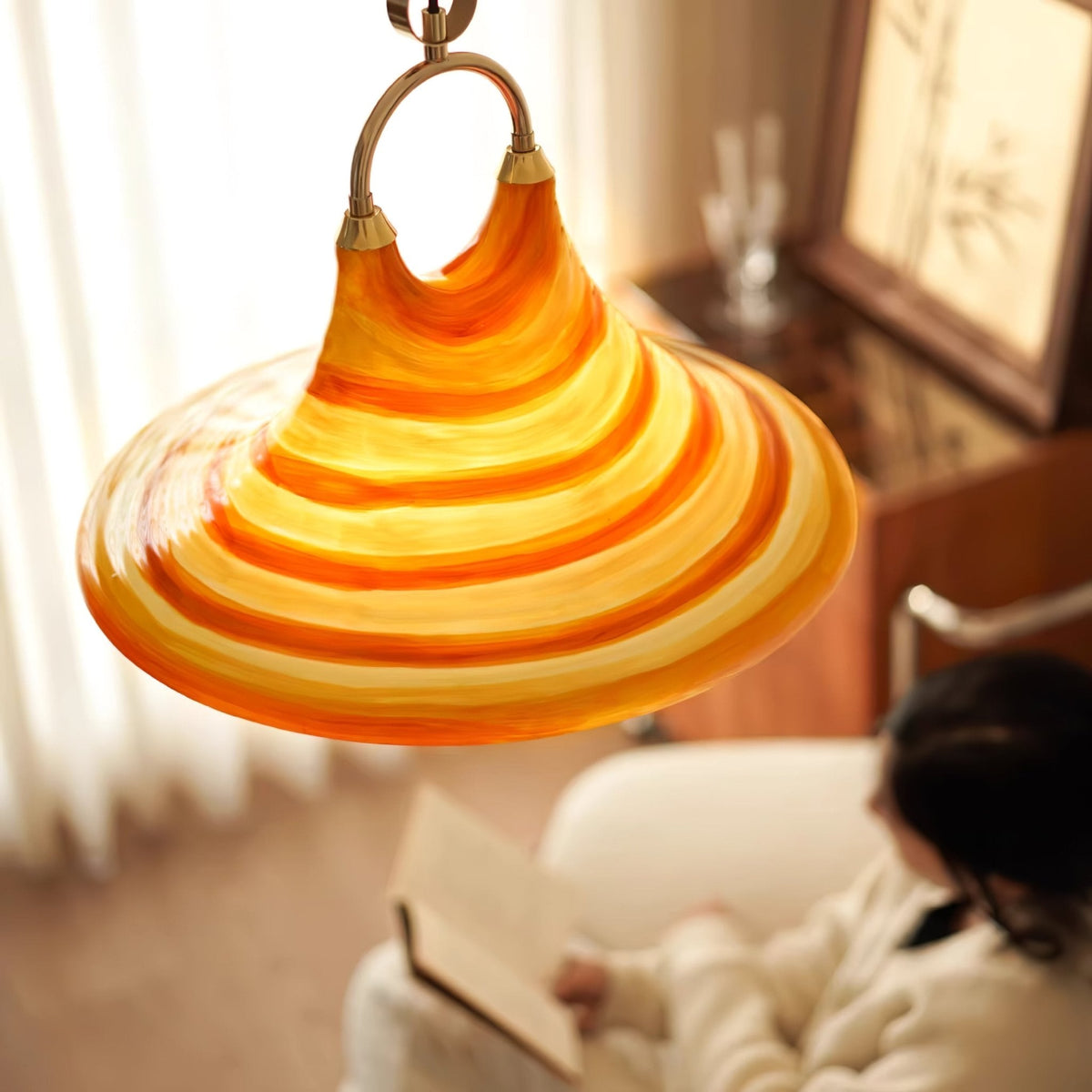 Solari Swirl Glass Pendant Light – Hand-Blown Amber Art Glass