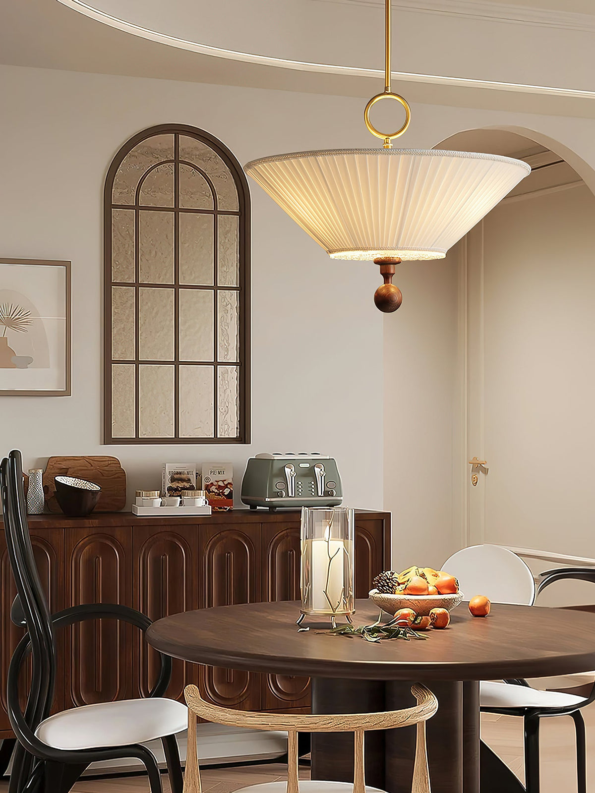 Solaria Pleated Fabric Pendant Light in Gold and Walnut for Dining and Living Spaces