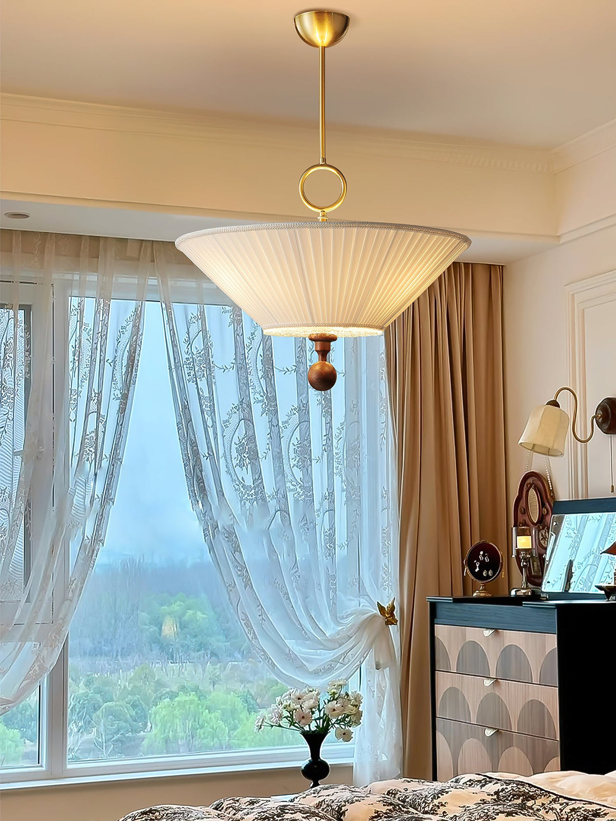 Solaria Pleated Fabric Pendant Light in Gold and Walnut for Dining and Living Spaces