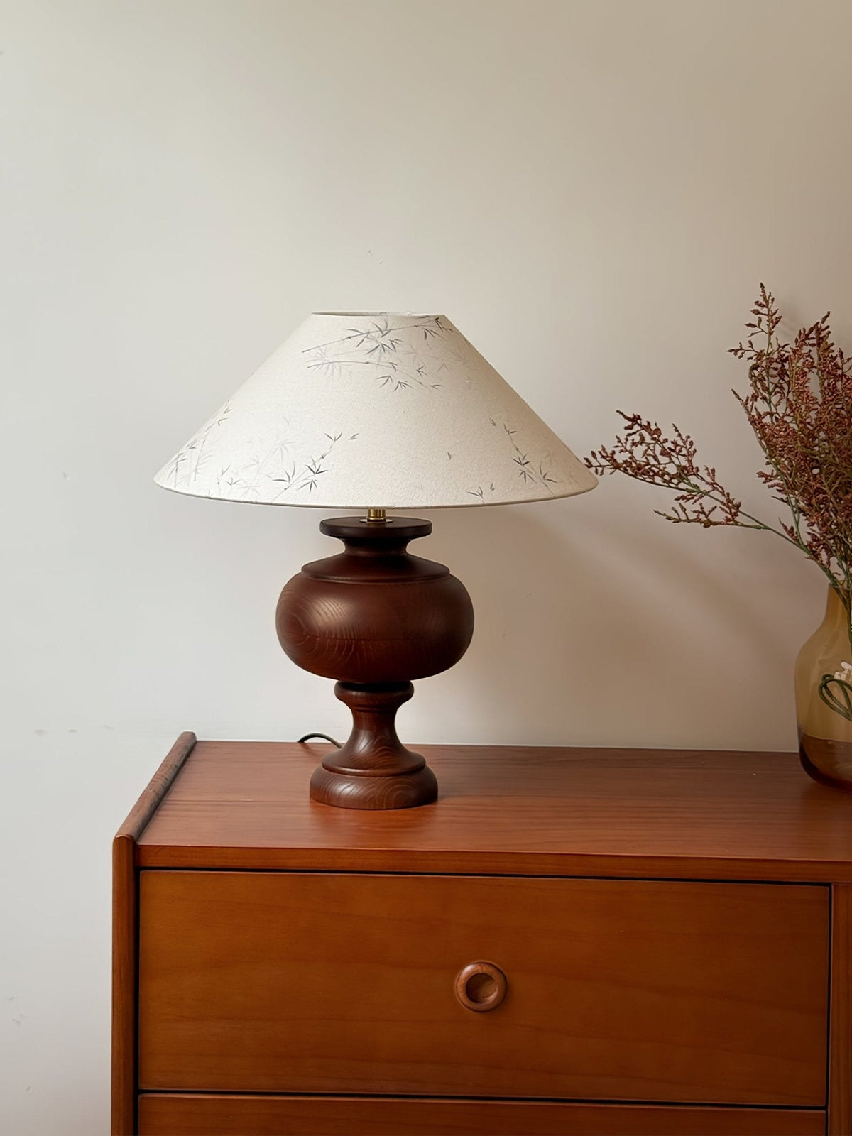 Solbloom Wood Table Lamp with Fabric Shade, Walnut or Black Finish