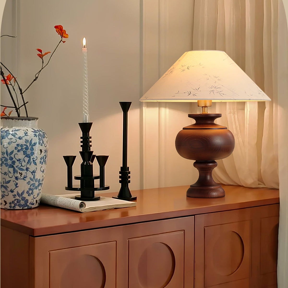 Solbloom Wood Table Lamp with Fabric Shade, Walnut or Black Finish