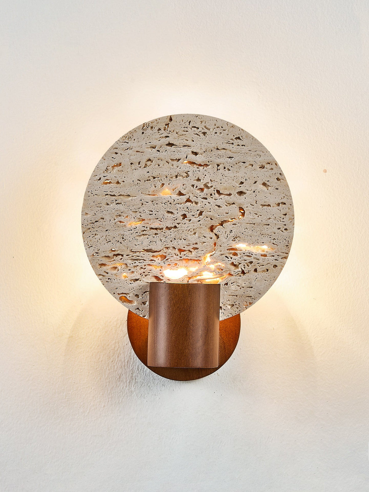 Solis Travertine Round Wall Sconce in Walnut and Yellow Travertine