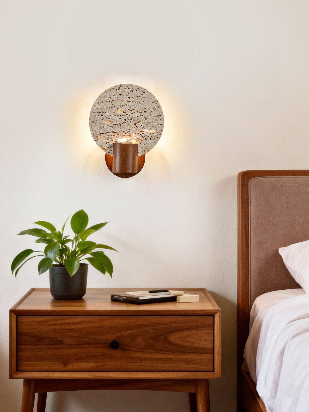 Solis Travertine Round Wall Sconce in Walnut and Yellow Travertine