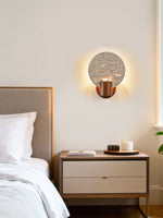 Solis Travertine Round Wall Sconce in Walnut and Yellow Travertine