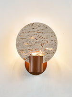 Solis Travertine Round Wall Sconce in Walnut and Yellow Travertine