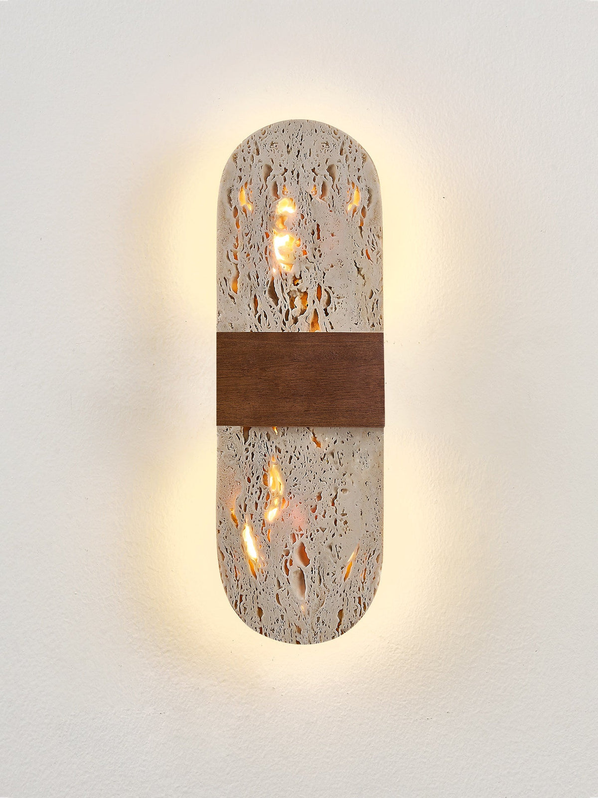 Solis Travertine Wall Sconce with Walnut Accent – Modern LED Wall Light
