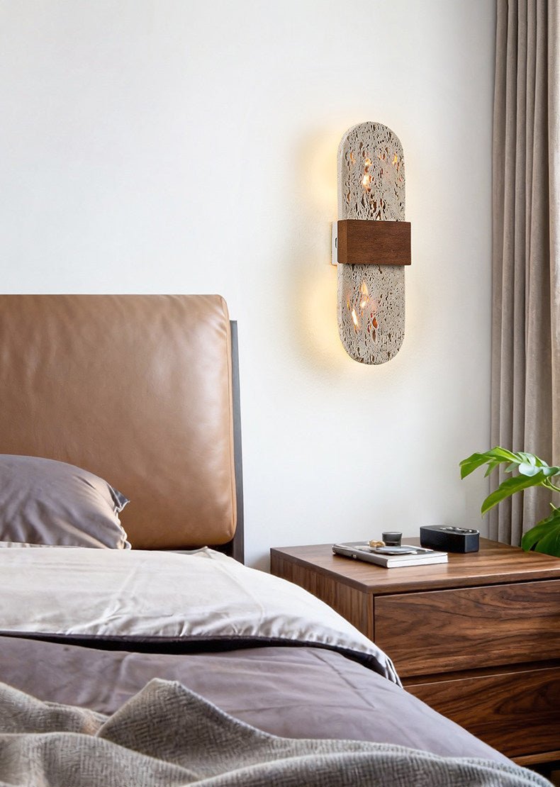 Solis Travertine Wall Sconce with Walnut Accent – Modern LED Wall Light