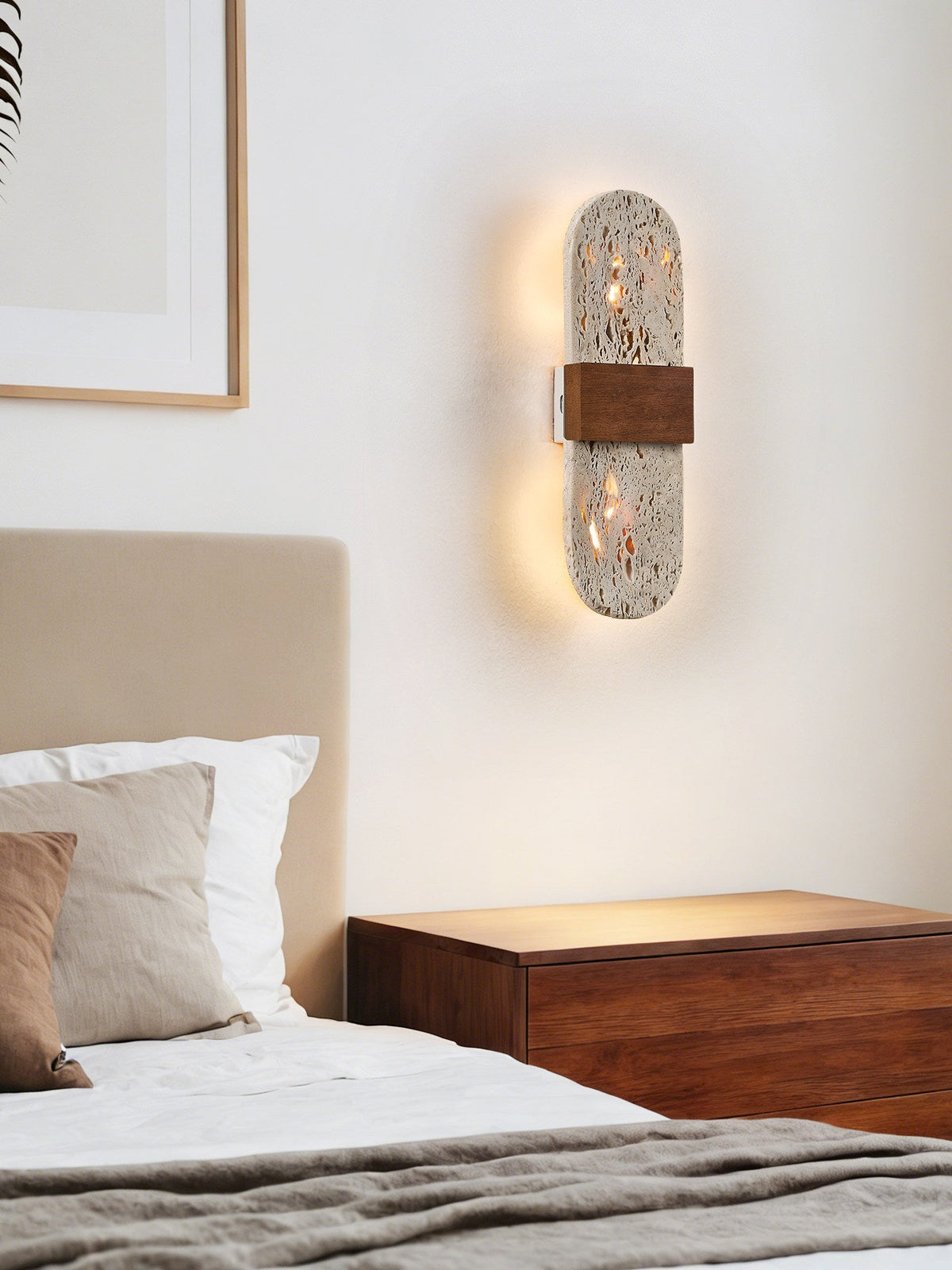 Solis Travertine Wall Sconce with Walnut Accent – Modern LED Wall Light