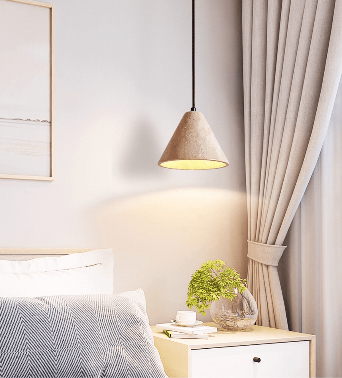 Solis Cone Travertine Pendant Light – Natural Stone Hanging Lamp