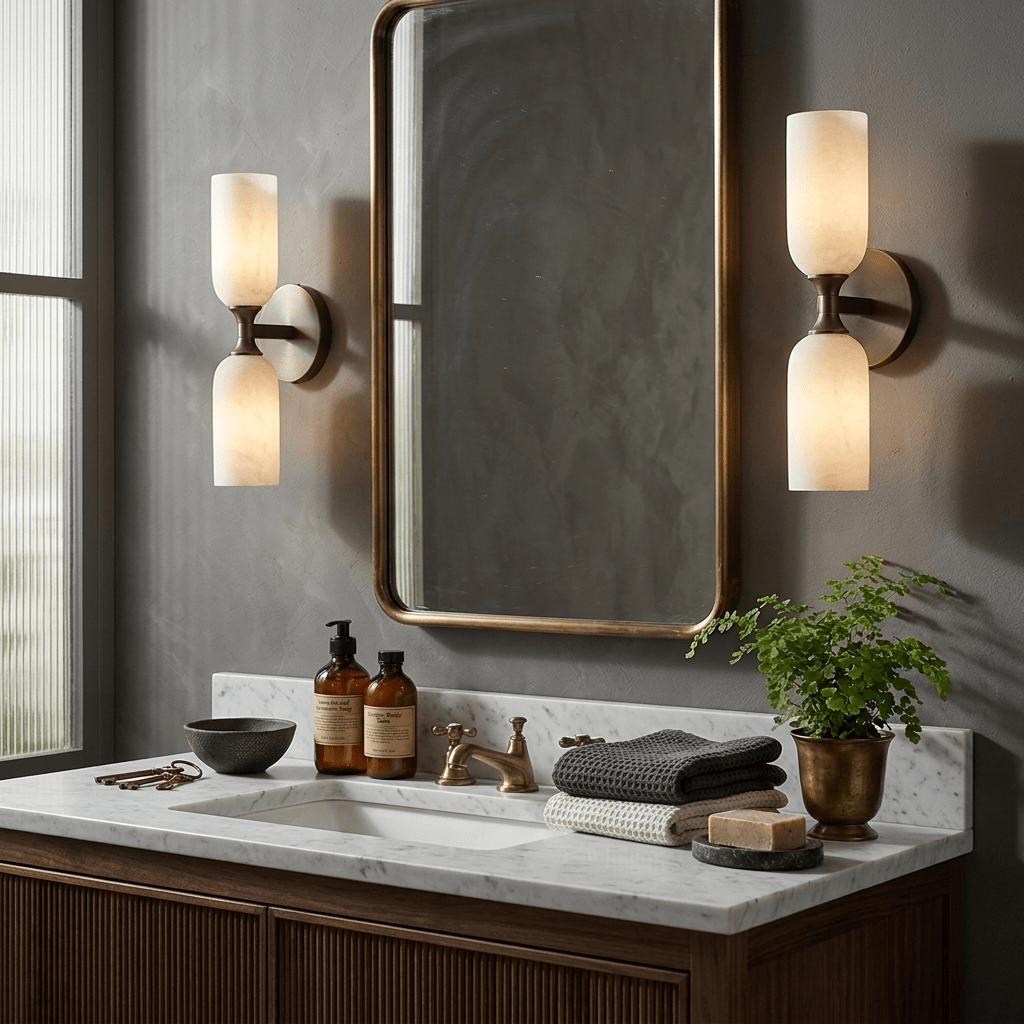 Solmira Twin Alabaster Wall Sconce in Brushed Brass