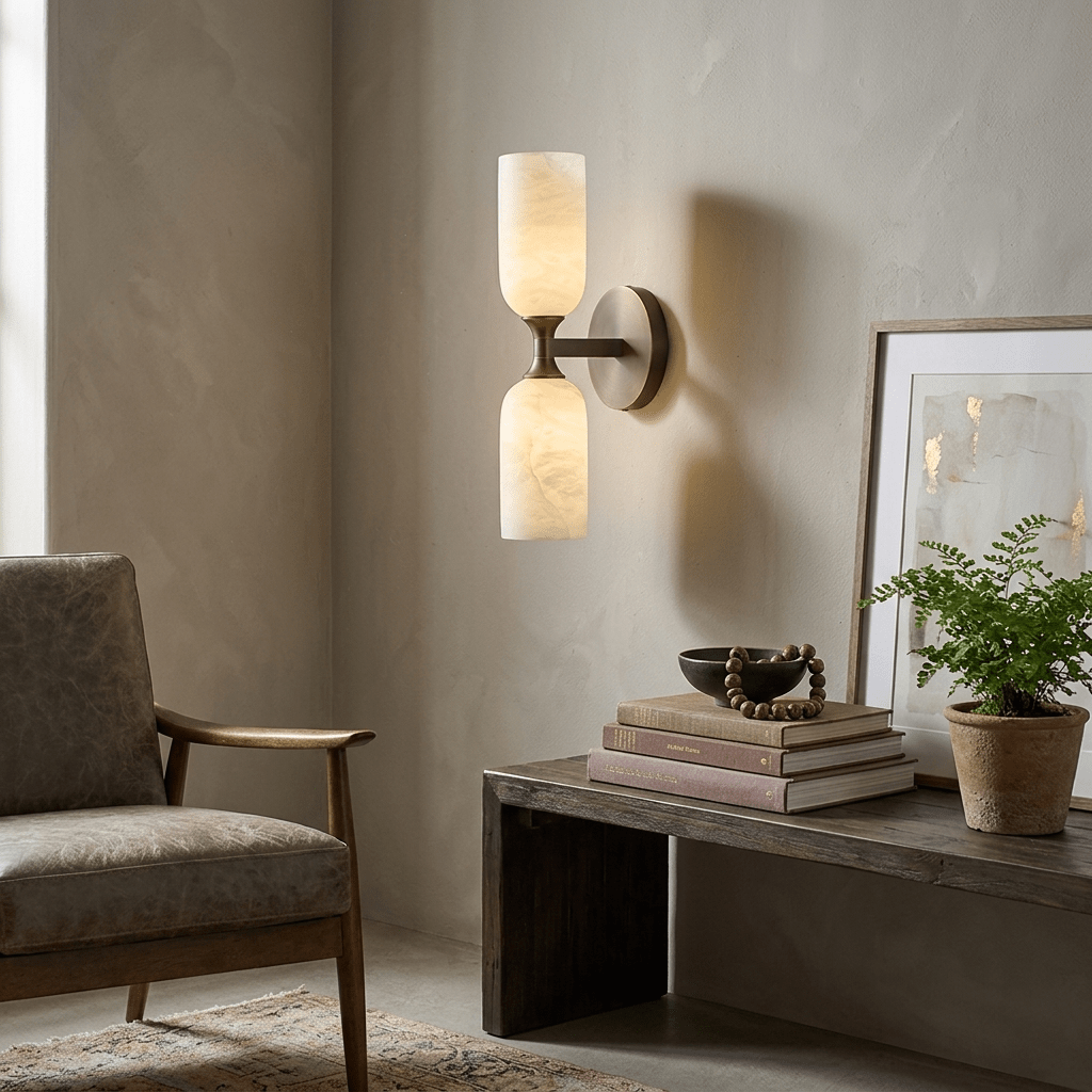 Solmira Twin Alabaster Wall Sconce in Brushed Brass