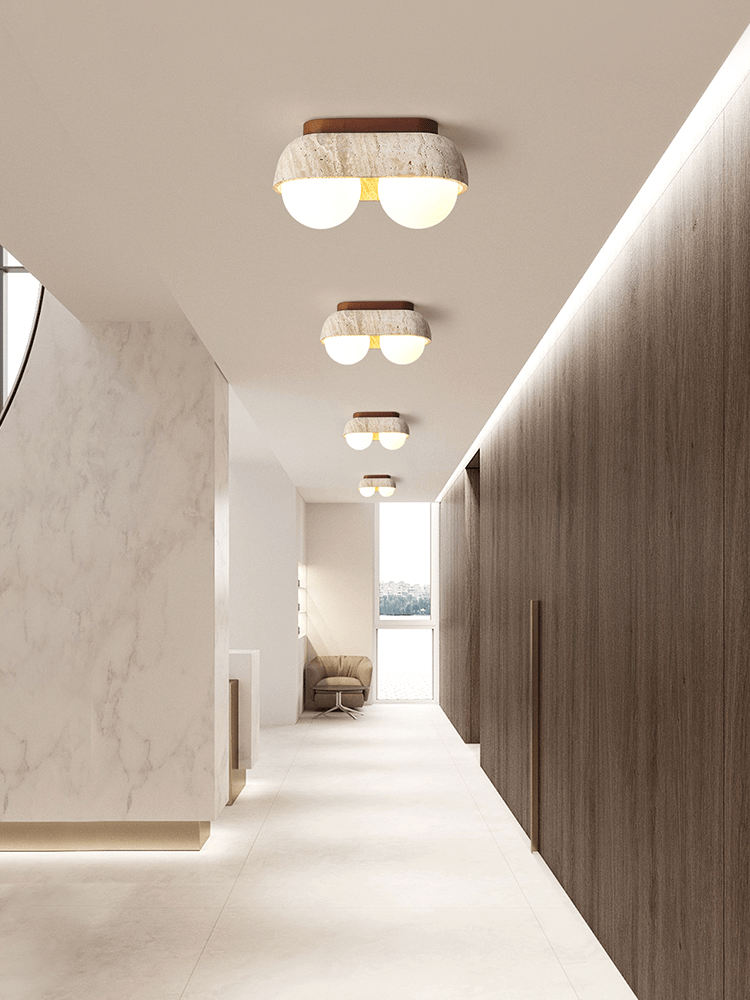 Solstice Trio Ceiling Light in Yellow Travertine and Wood