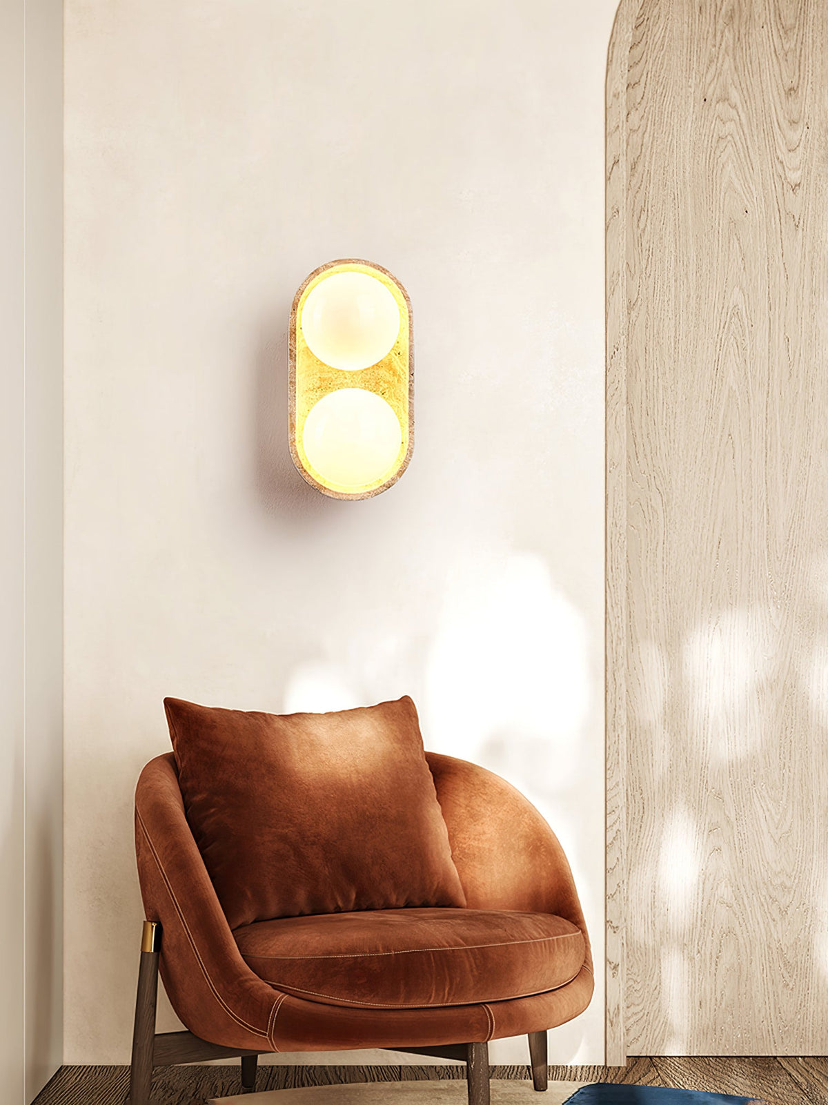 Solstice Trio Wall Sconce in Travertine and Wood – Modern Ambient Lighting