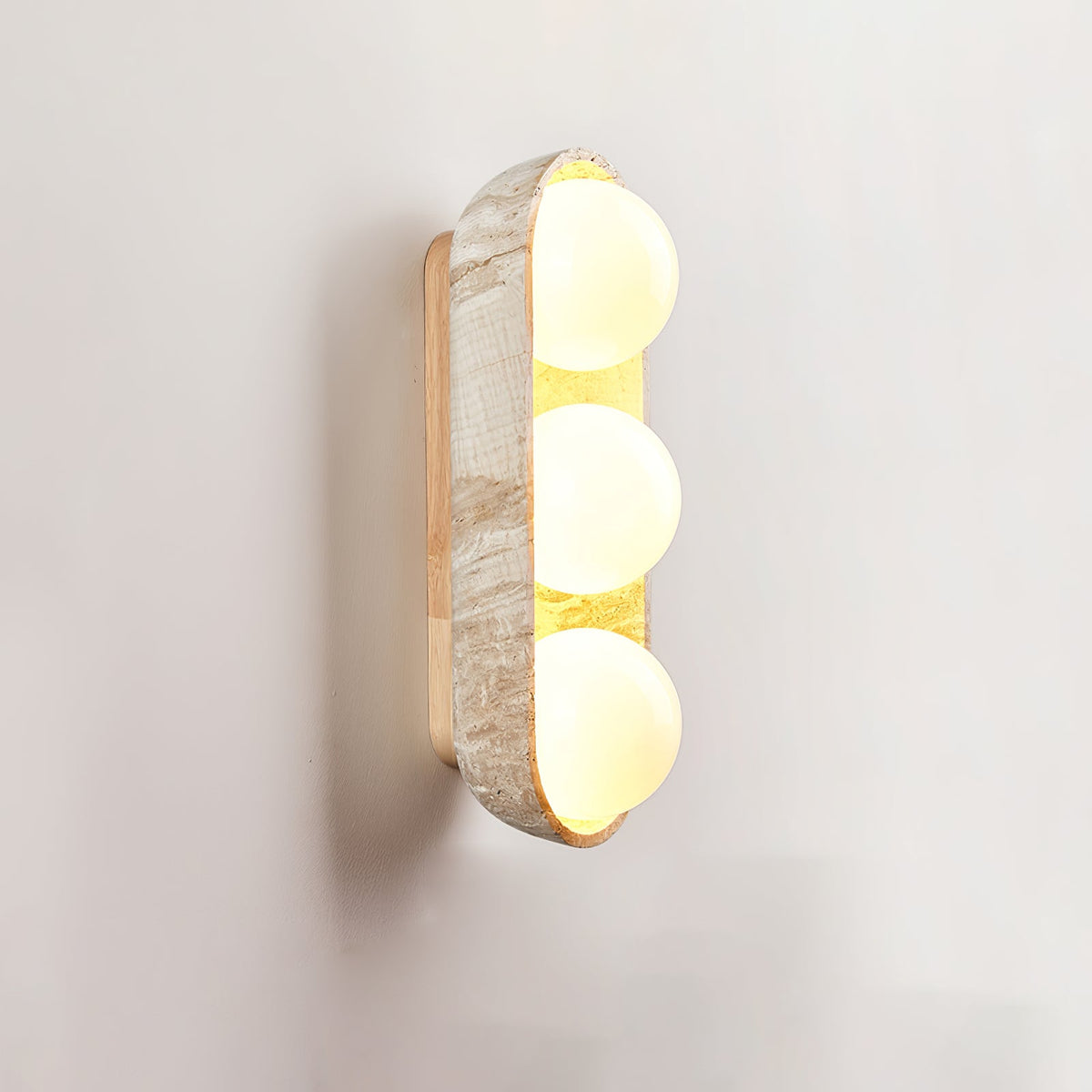 Solstice Trio Wall Sconce in Travertine and Wood – Modern Ambient Lighting