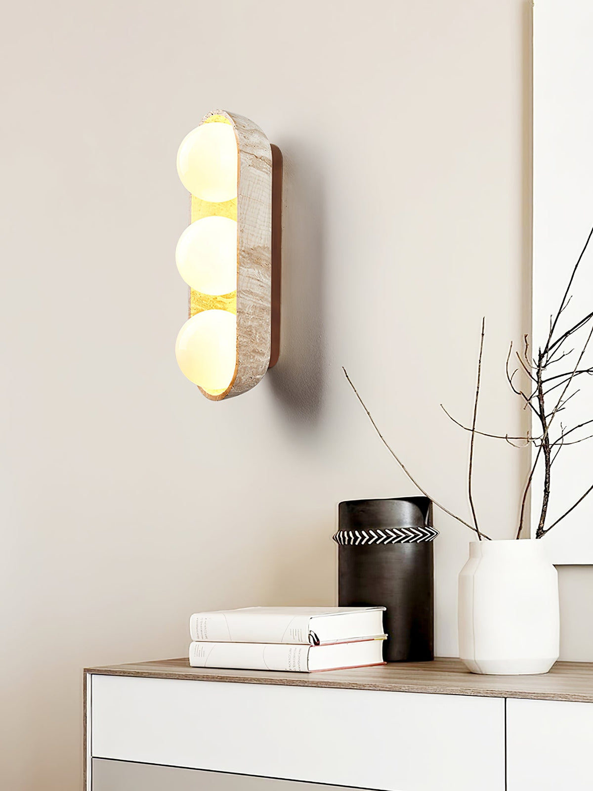 Solstice Trio Wall Sconce in Travertine and Wood – Modern Ambient Lighting