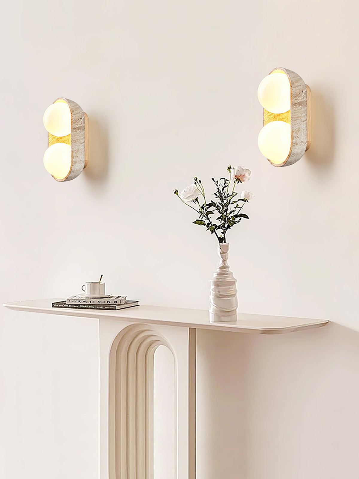 Solstice Trio Wall Sconce in Travertine and Wood – Modern Ambient Lighting