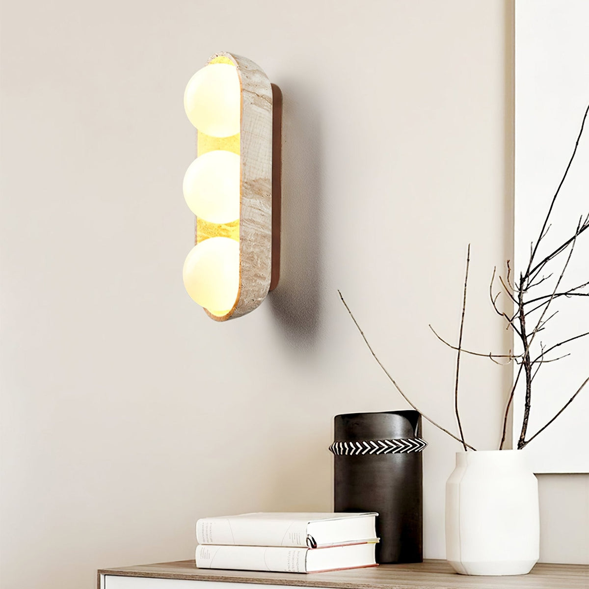 Solstice Trio Wall Sconce in Travertine and Wood – Modern Ambient Lighting