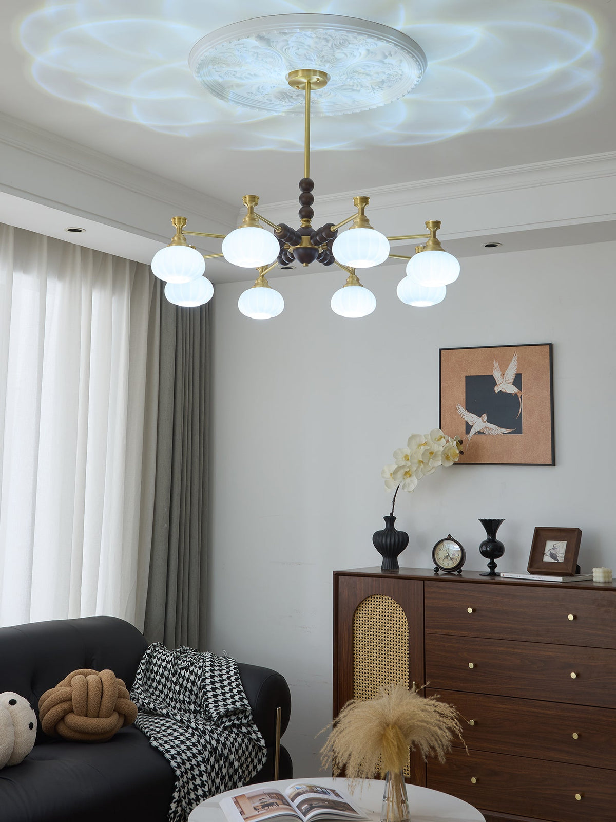 Solviento Modern Brass and Wood Chandelier with Glass Globes