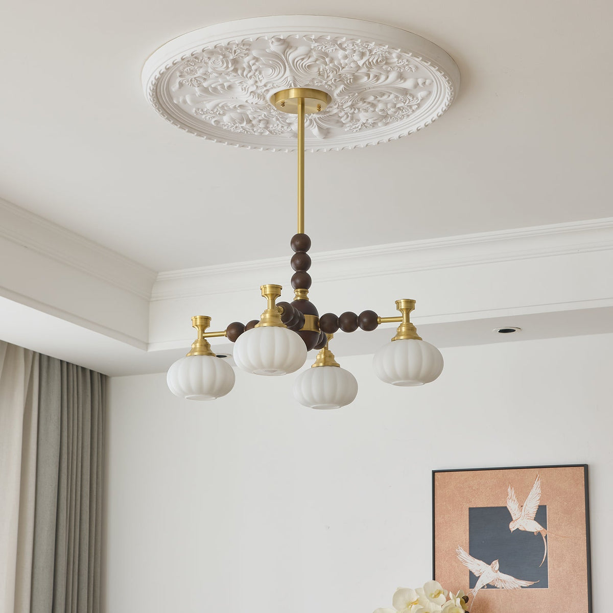 Solviento Modern Brass and Wood Chandelier with Glass Globes