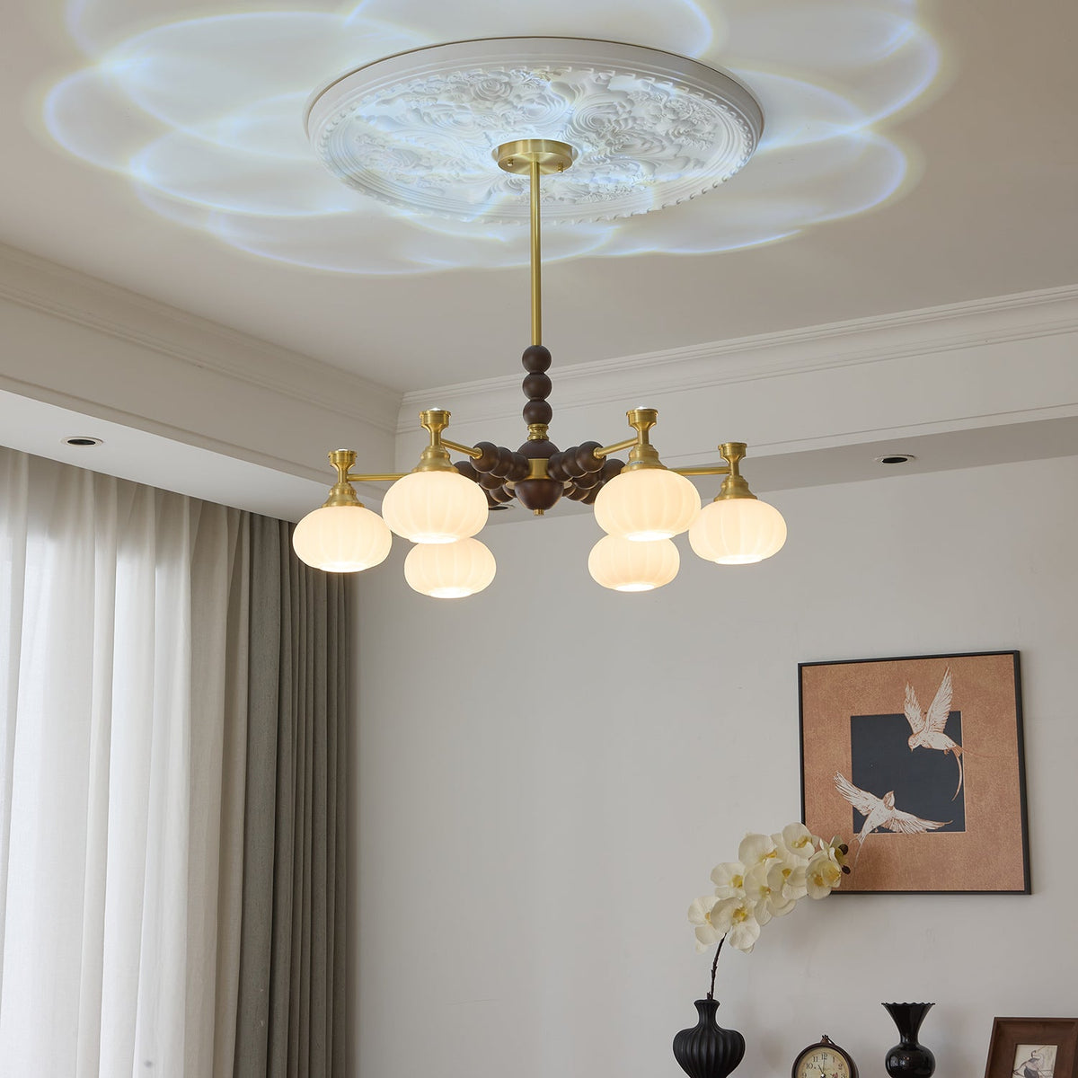 Solviento Modern Brass and Wood Chandelier with Glass Globes