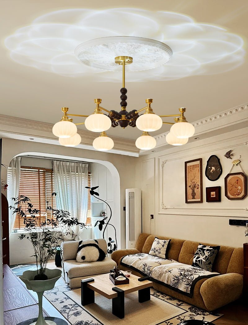 Solviento Modern Brass and Wood Chandelier with Glass Globes