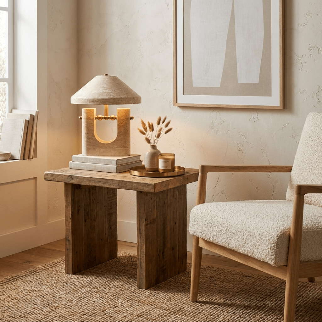 Solvra Sculptural Travertine Table Lamp with Brass Accents