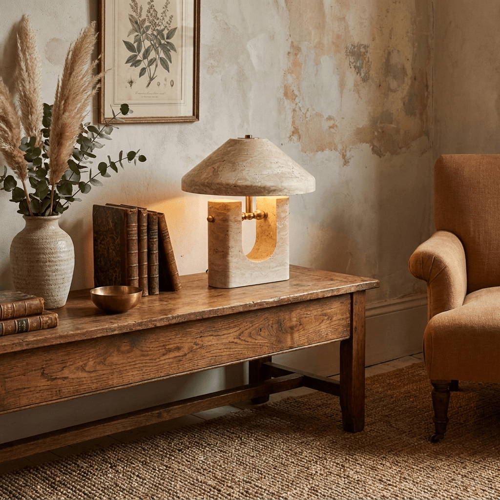 Solvra Sculptural Travertine Table Lamp with Brass Accents