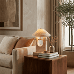 Solvra Sculptural Travertine Table Lamp with Brass Accents
