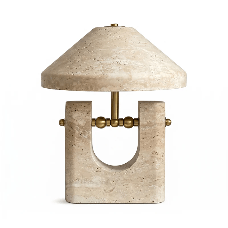 Solvra Sculptural Travertine Table Lamp with Brass Accents