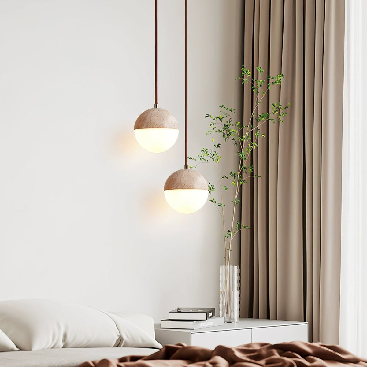 Soren Travertine Pendant Light – Natural Stone & Opal Glass Sphere