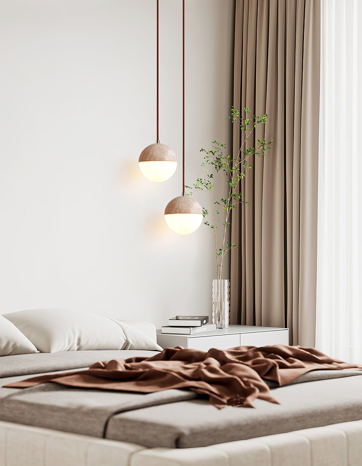 Soren Travertine Pendant Light – Natural Stone & Opal Glass Sphere