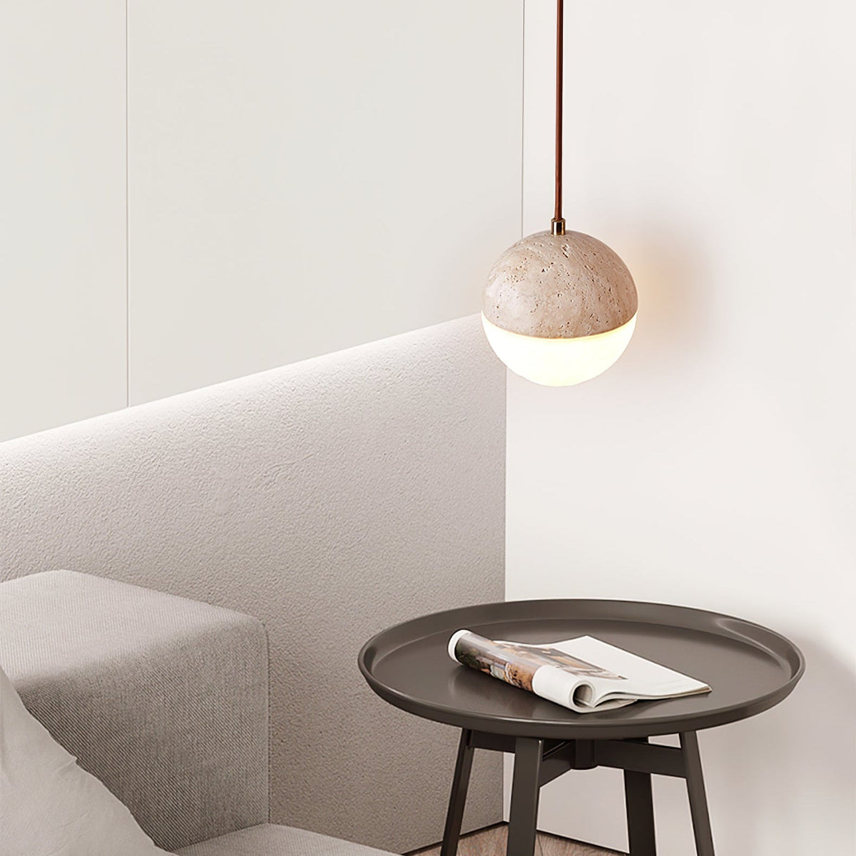 Soren Travertine Pendant Light – Natural Stone & Opal Glass Sphere