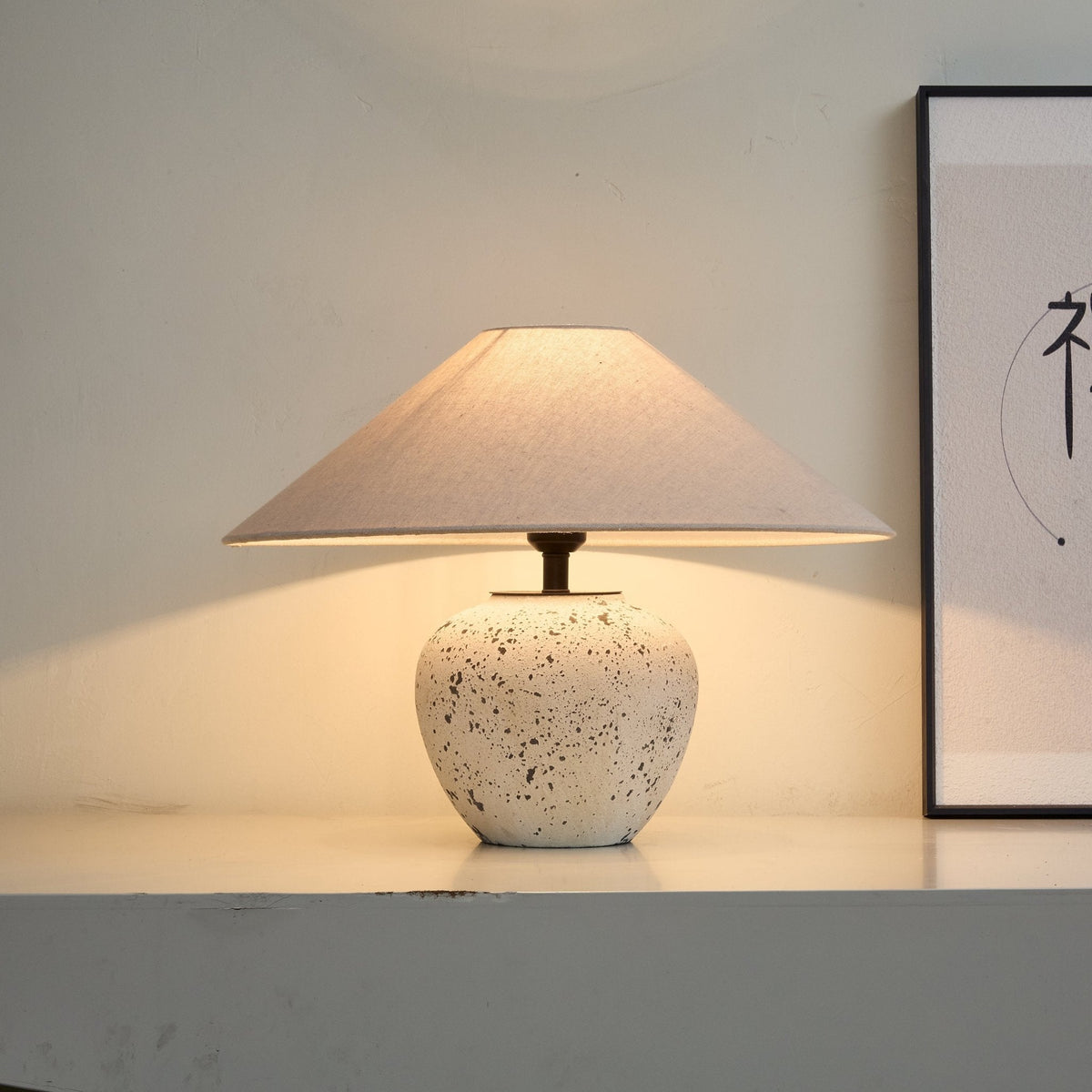 Speckled Ceramic Table Lamp with Fabric Shade for Bedroom & Living Room