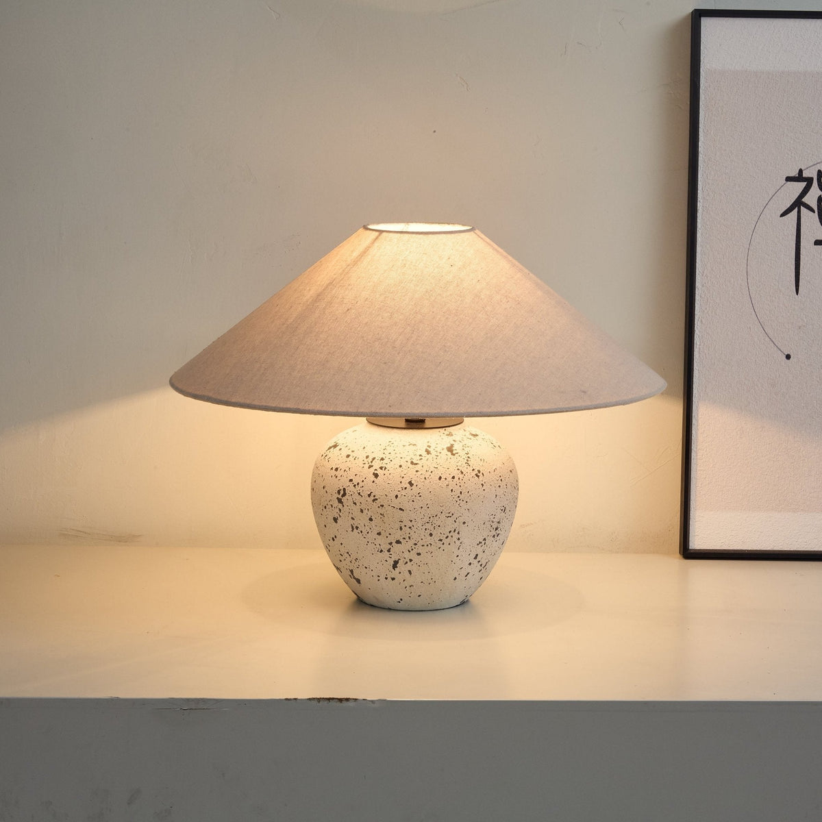Speckled Ceramic Table Lamp with Fabric Shade for Bedroom & Living Room