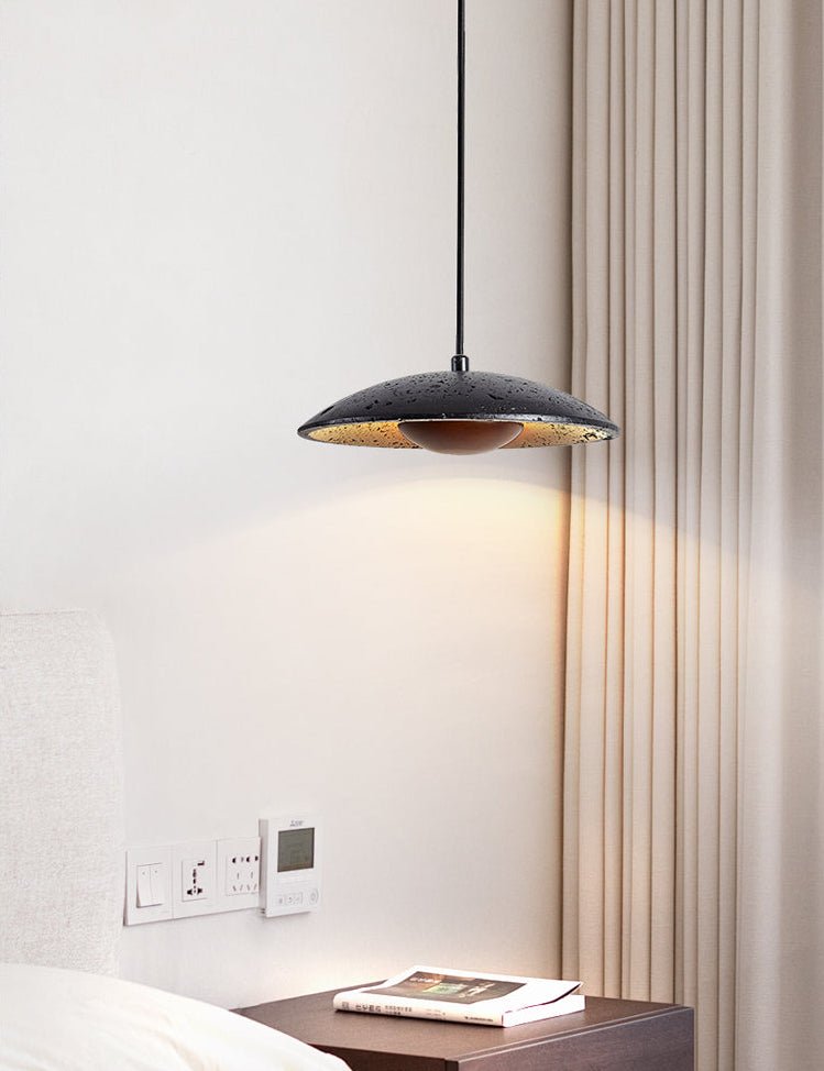 Speckled Travertine Saucer Pendant Light with Walnut Accent