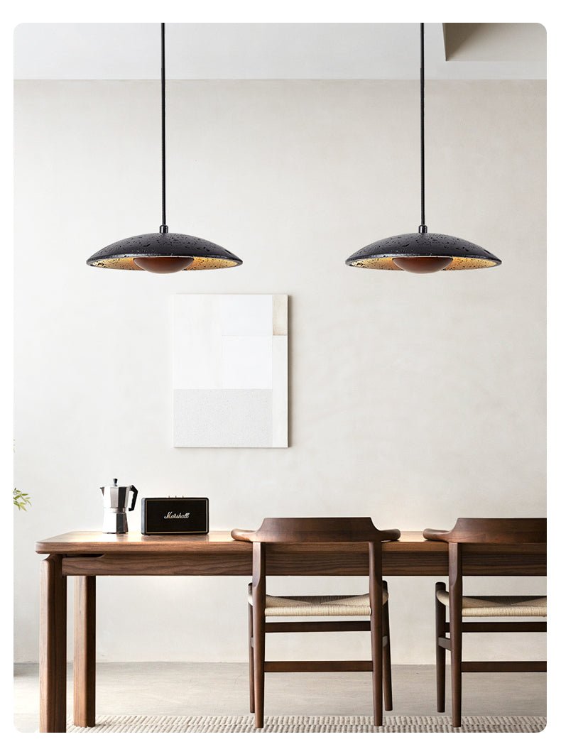 Speckled Travertine Saucer Pendant Light with Walnut Accent