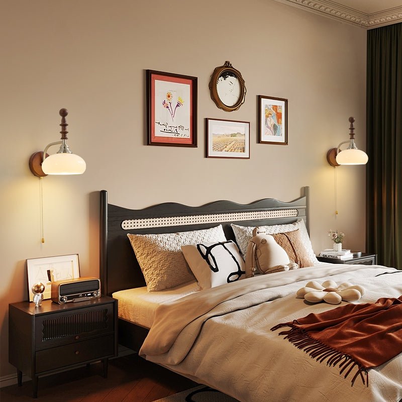 Spindlecrest Wall Sconce with Opal Glass Shade and Walnut Wood Backplate