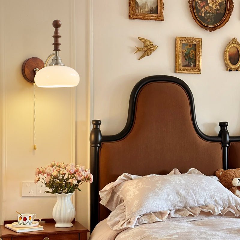 Spindlecrest Wall Sconce with Opal Glass Shade and Walnut Wood Backplate