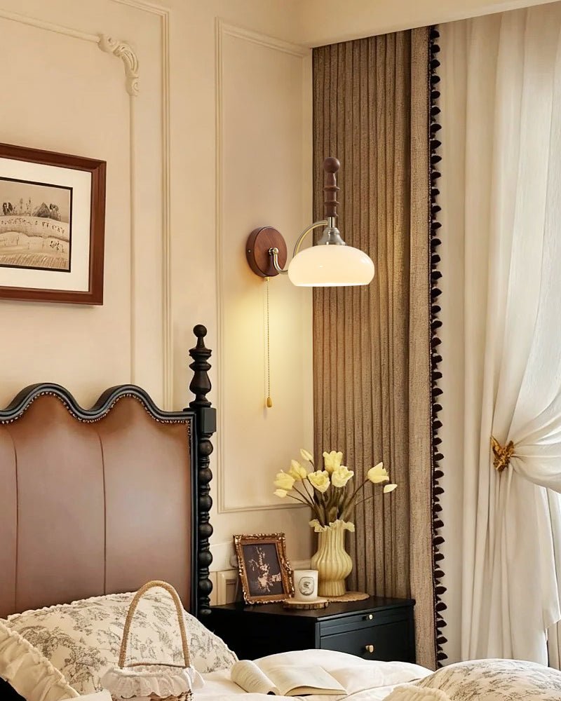 Spindlecrest Wall Sconce with Opal Glass Shade and Walnut Wood Backplate