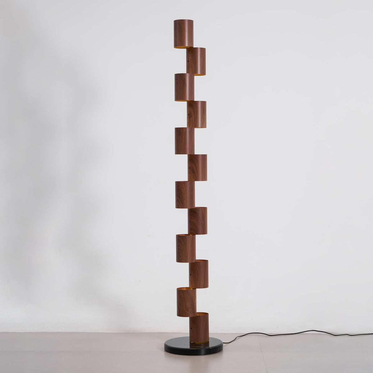 Sculptural Stacked Wood Tower Floor Lamp with Warm Ambient LED Glow