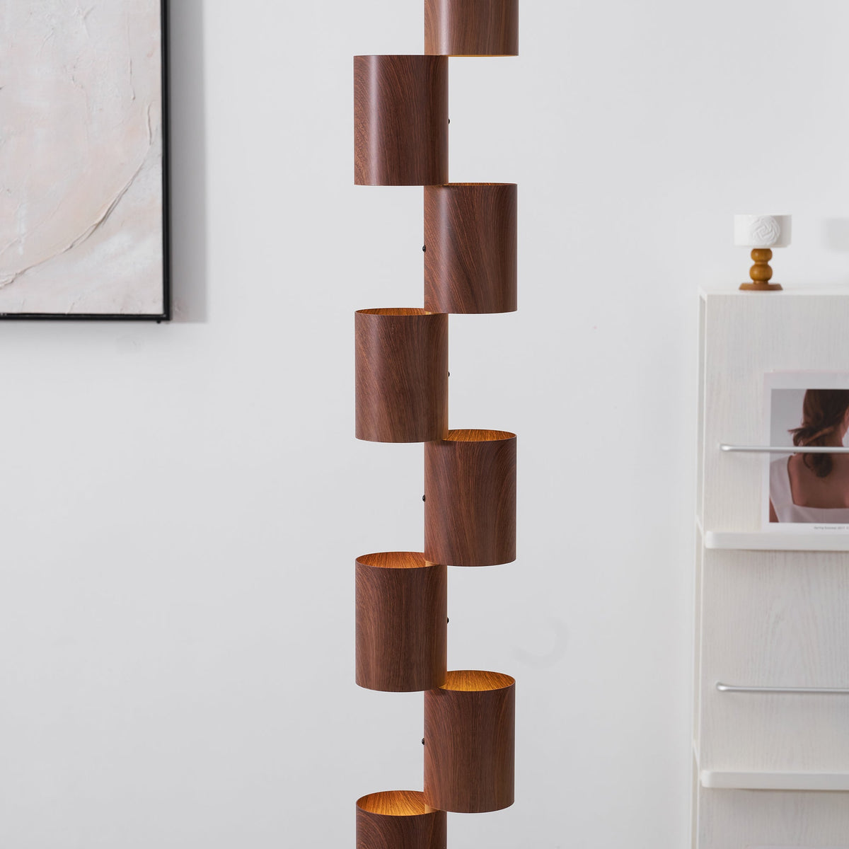 Sculptural Stacked Wood Tower Floor Lamp with Warm Ambient LED Glow