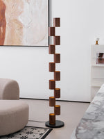 Sculptural Stacked Wood Tower Floor Lamp with Warm Ambient LED Glow