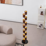 Sculptural Stacked Wood Tower Floor Lamp with Warm Ambient LED Glow