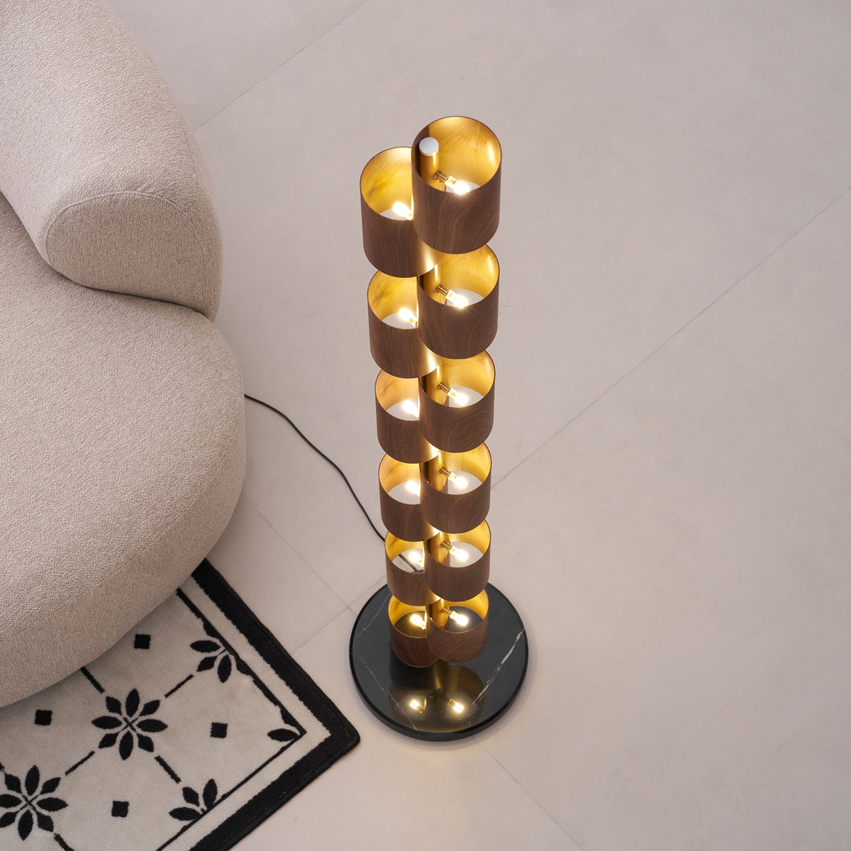 Sculptural Stacked Wood Tower Floor Lamp with Warm Ambient LED Glow