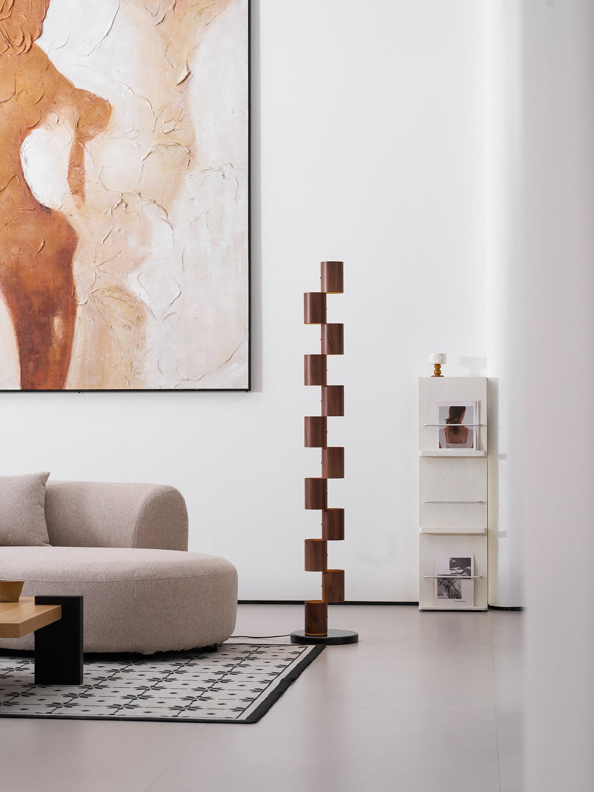 Sculptural Stacked Wood Tower Floor Lamp with Warm Ambient LED Glow