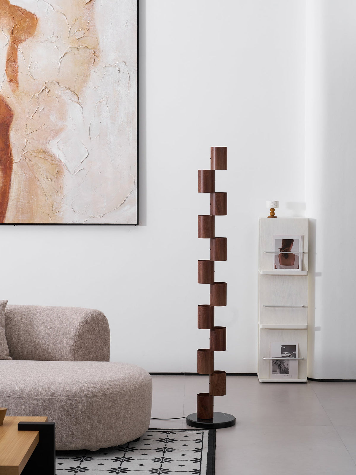 Sculptural Stacked Wood Tower Floor Lamp with Warm Ambient LED Glow