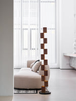 Sculptural Stacked Wood Tower Floor Lamp with Warm Ambient LED Glow