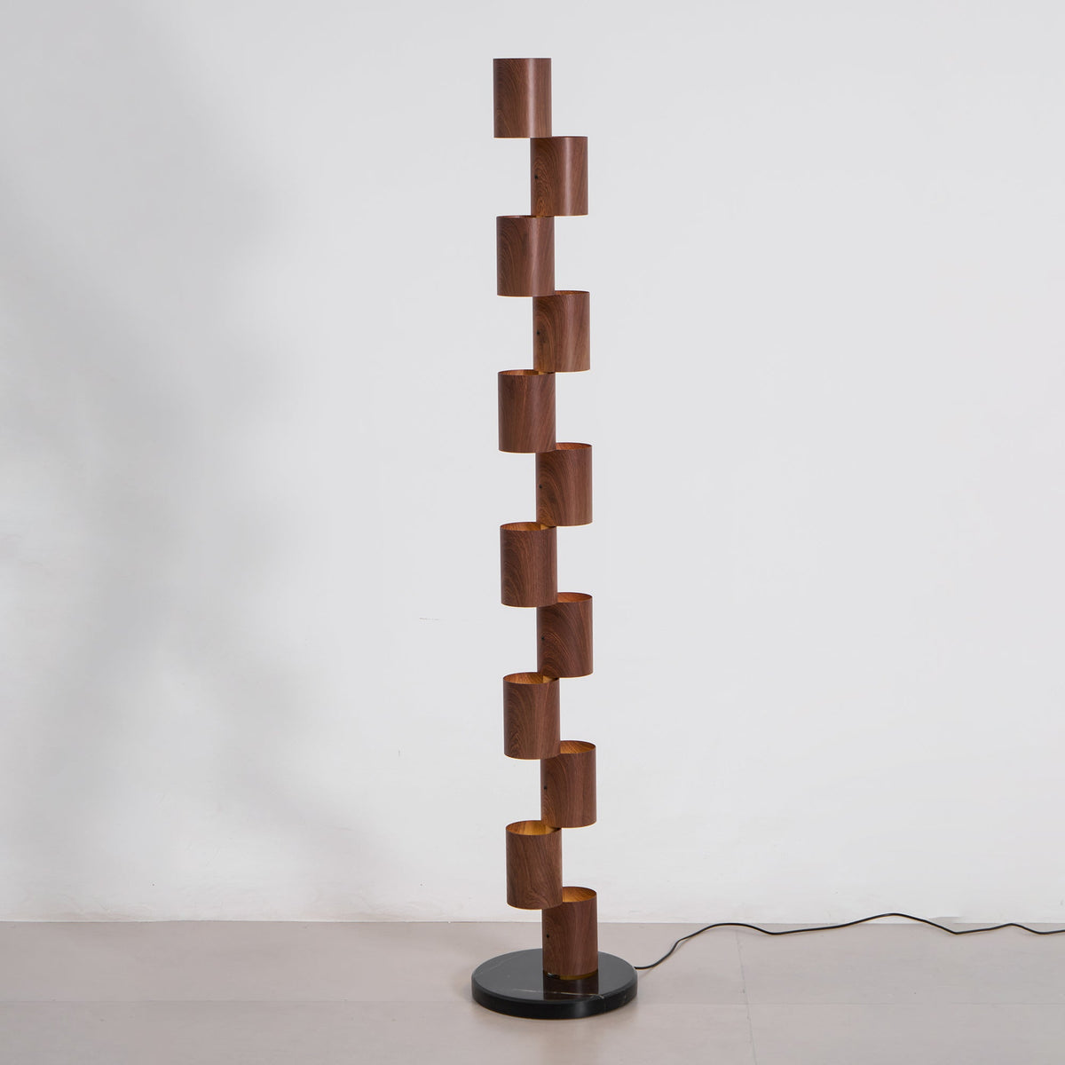 Sculptural Stacked Wood Tower Floor Lamp with Warm Ambient LED Glow